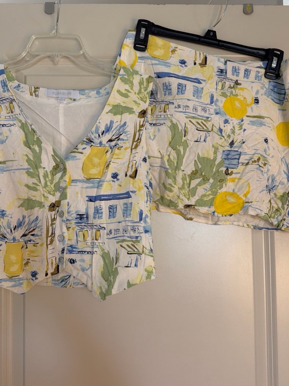 Sugarlips Yellow Lemon Print Button-Front Crop Top/skirt set